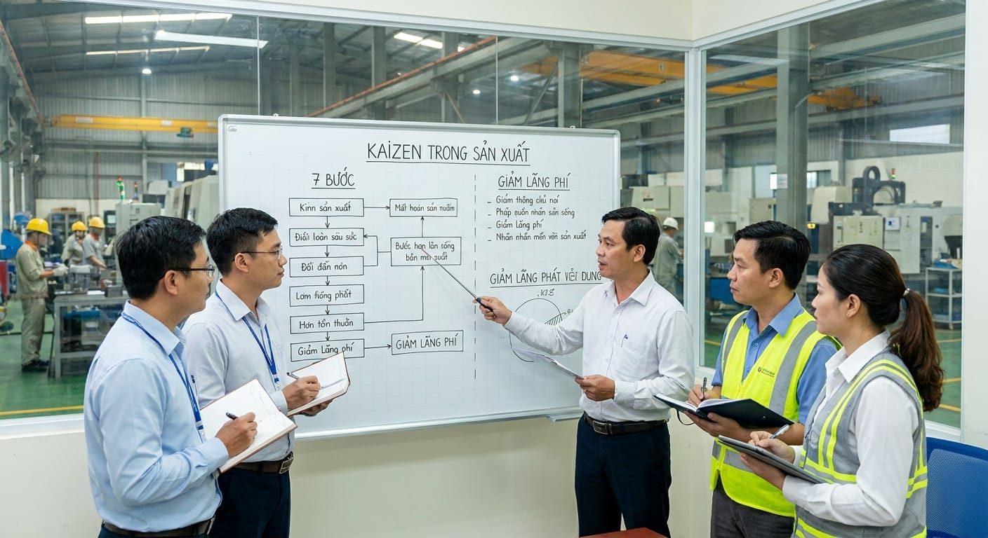 Kaizen trong sản xuất: 7 bước ứng dụng thực tế để giảm lãng phí cho nhà máy cơ khí - xây dựng